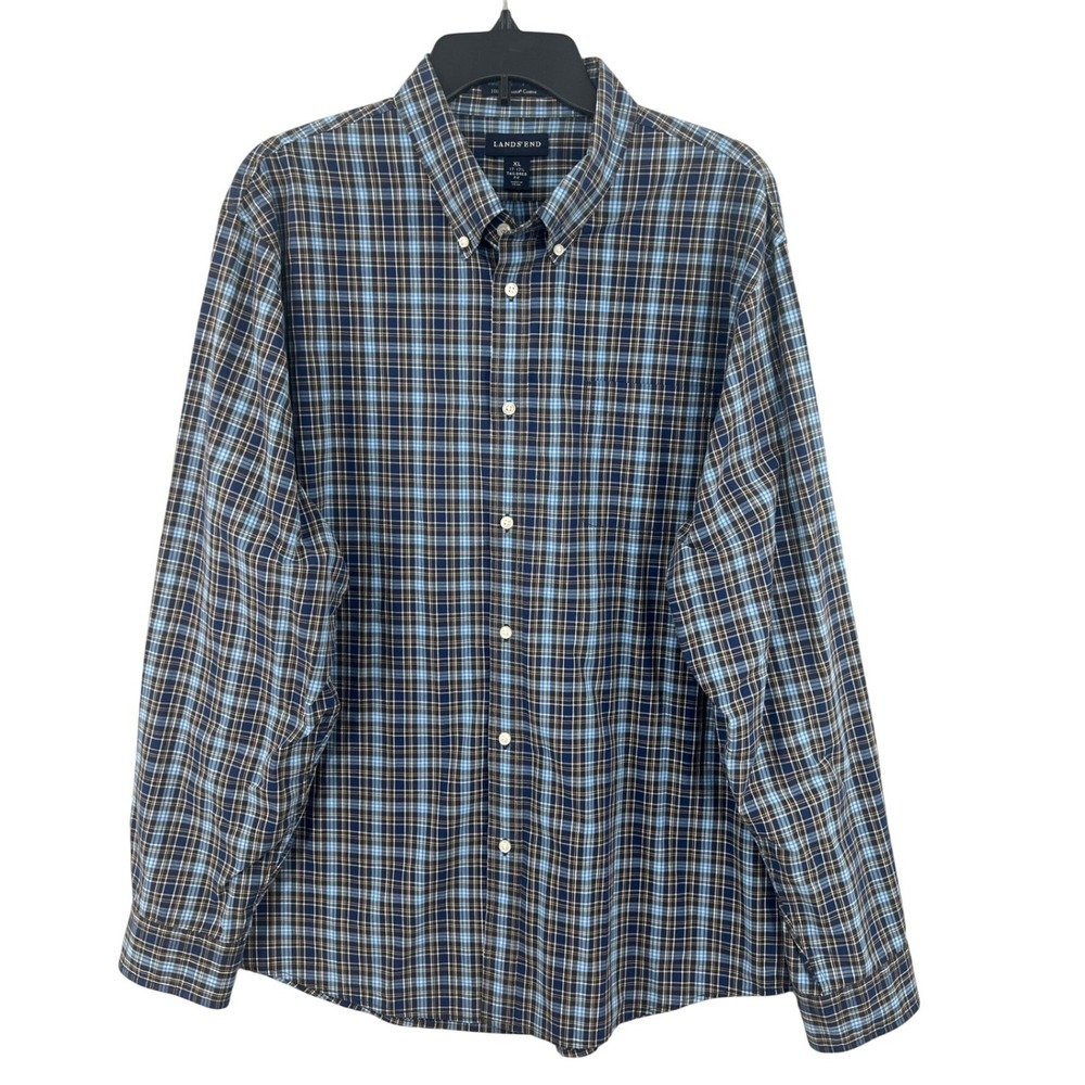 Lands' End Button Down Shirt XL Blue Plaid Supima Cotton Tailored Fit Preppy